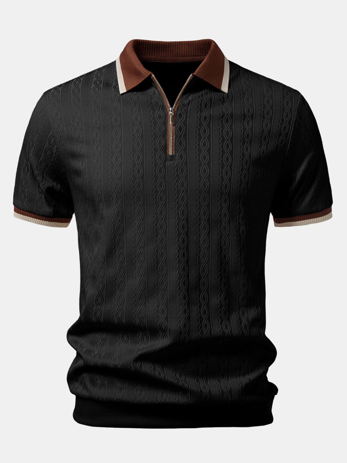 Polo de punto con cremallera y ribete en contraste con textura y pantalones ajustados de corte cónico