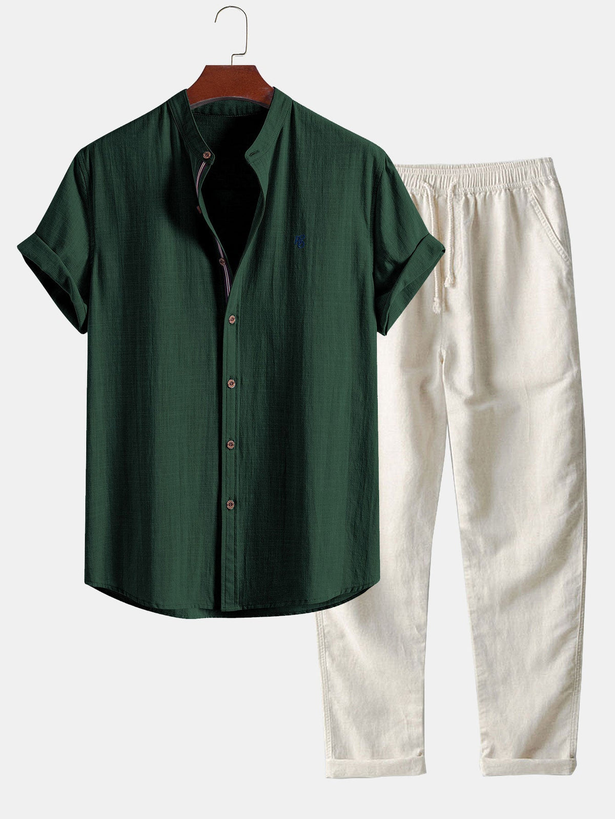 Camisa de lino de manga corta con cuello de pie y pantalones de lino de pierna recta