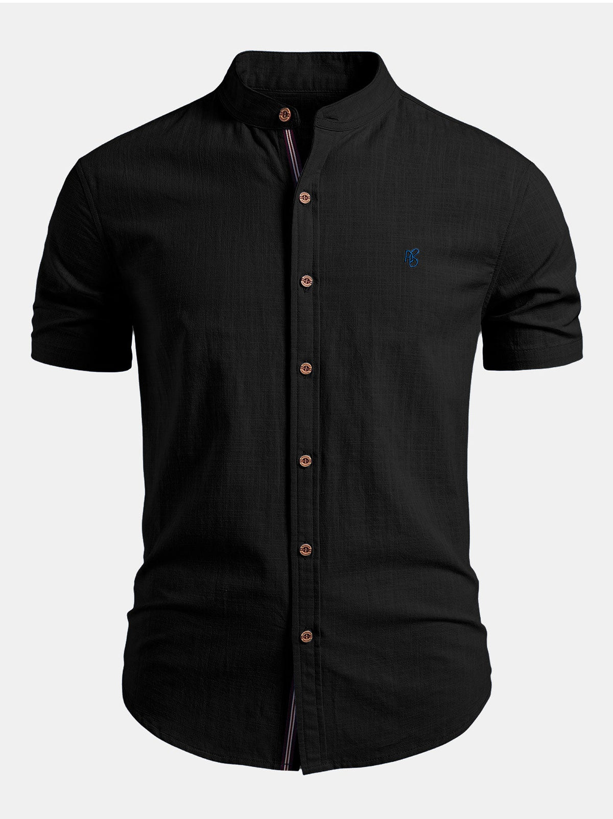 Camisa de lino de manga corta con cuello de pie y pantalones de lino de pierna recta