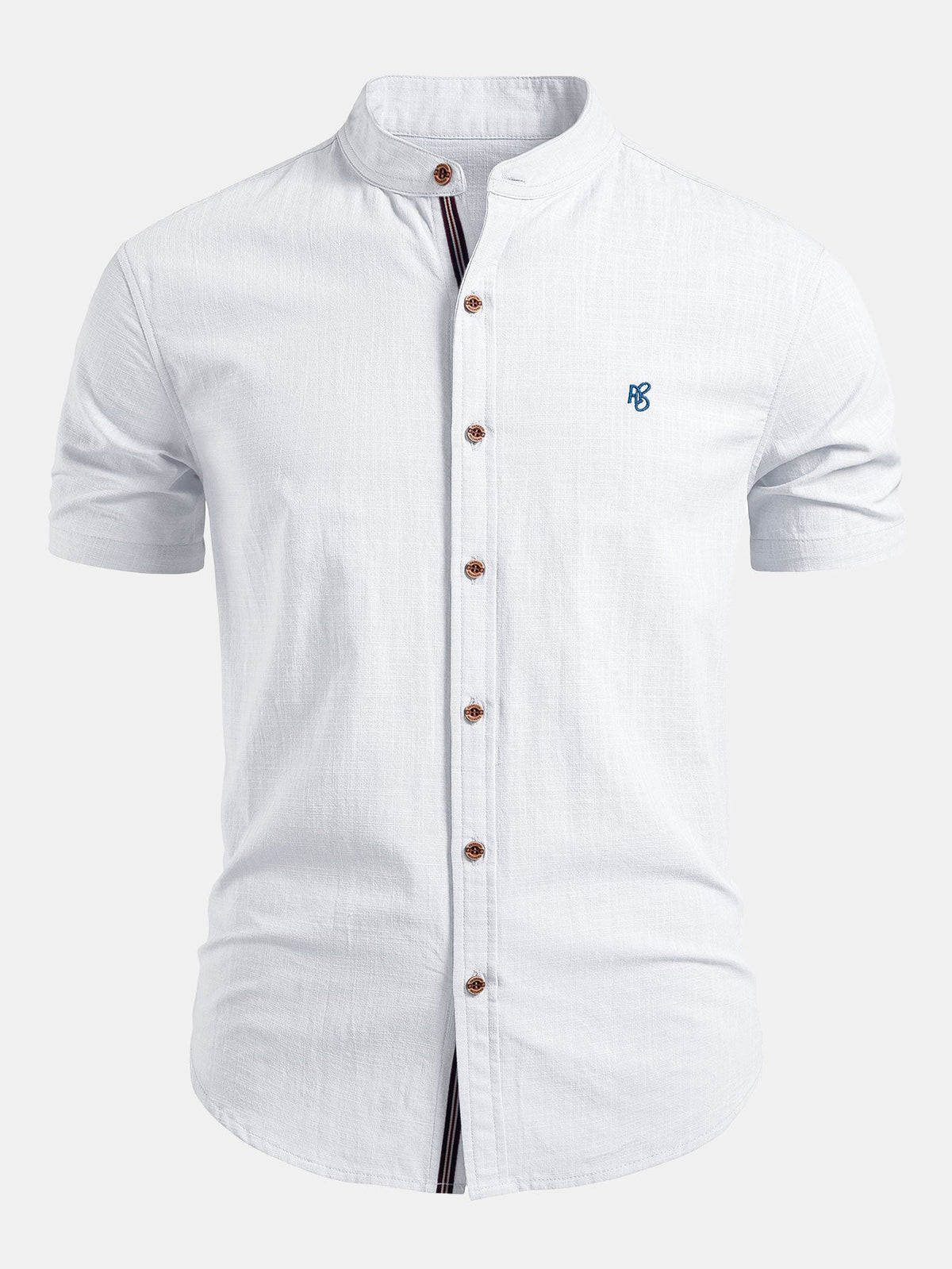 Camisa de lino de manga corta con cuello de pie y pantalones de lino de pierna recta