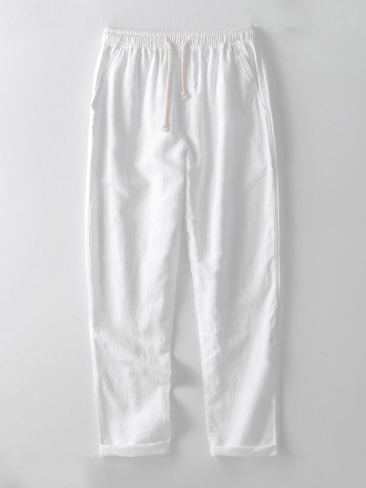 Camisa de lino de manga corta con cuello de pie y pantalones de lino de pierna recta