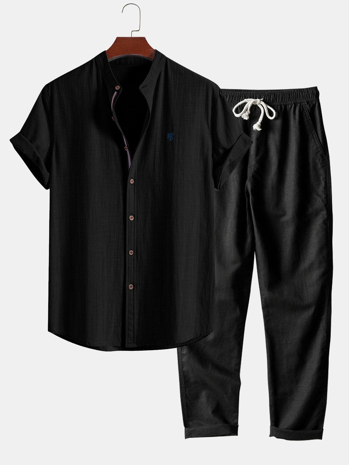 Camisa de lino de manga corta con cuello de pie y pantalones de lino de pierna recta