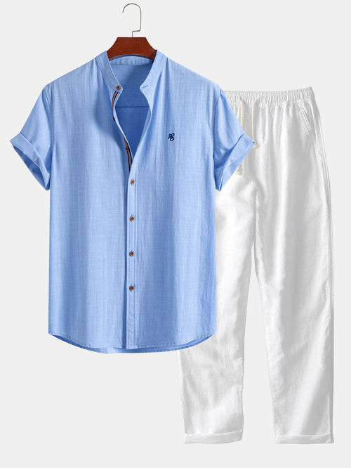 Camisa de lino de manga corta con cuello de pie y pantalones de lino de pierna recta