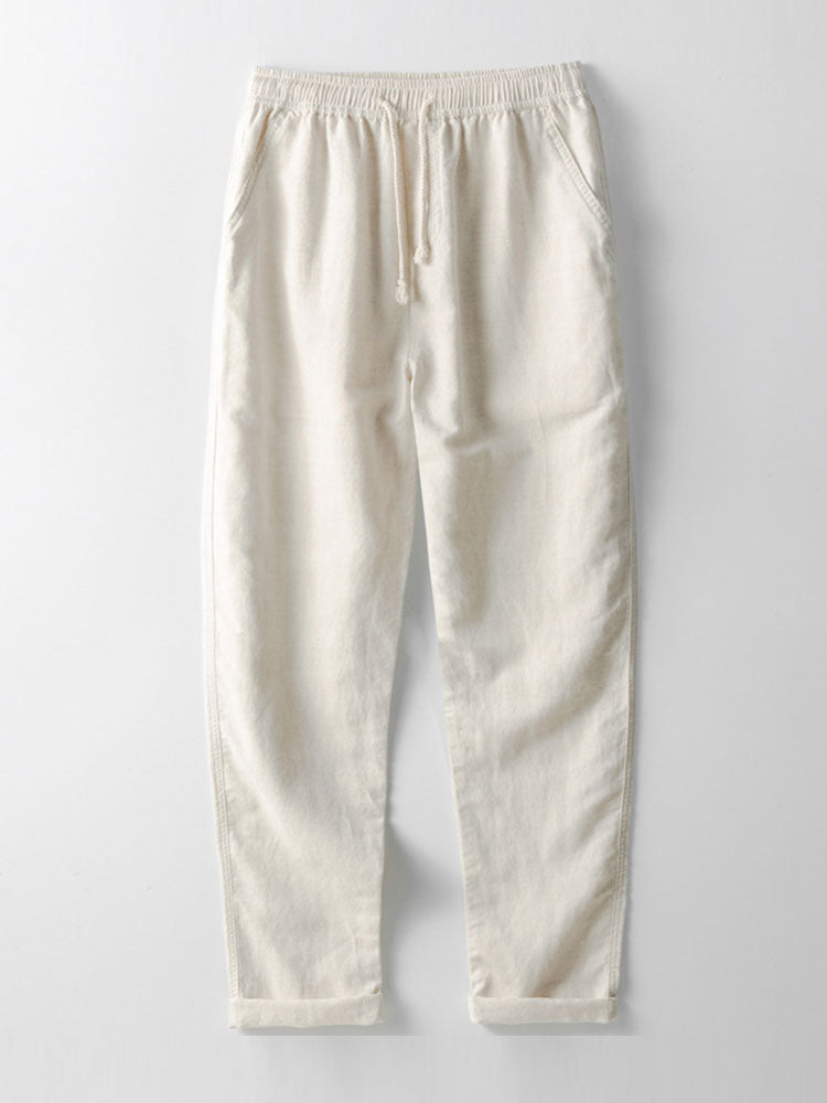 Camisa de lino de manga corta con cuello de pie y pantalones de lino de pierna recta