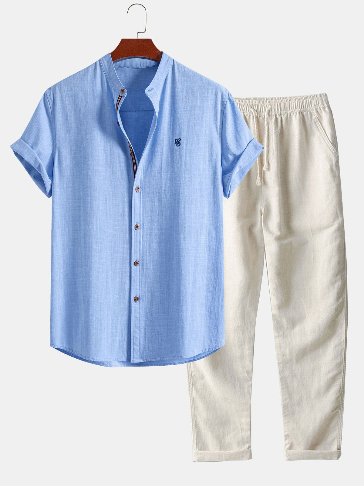 Camisa de lino de manga corta con cuello de pie y pantalones de lino de pierna recta