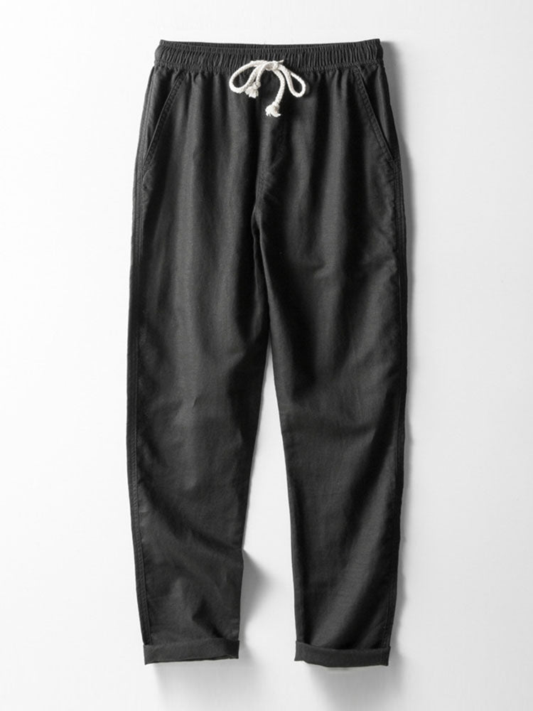 Camisa de lino de manga corta con cuello de pie y pantalones de lino de pierna recta