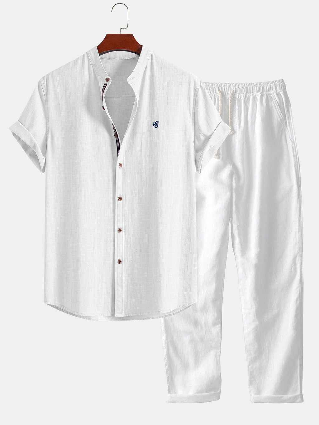 Camisa de lino de manga corta con cuello de pie y pantalones de lino de pierna recta