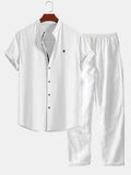 Camisa de lino de manga corta con cuello de pie y pantalones de lino de pierna recta