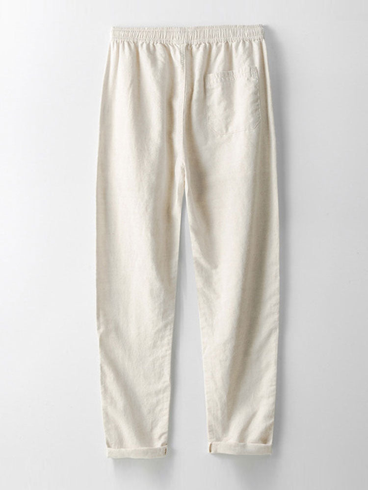 Camisa de lino de manga corta con cuello de pie y pantalones de lino de pierna recta