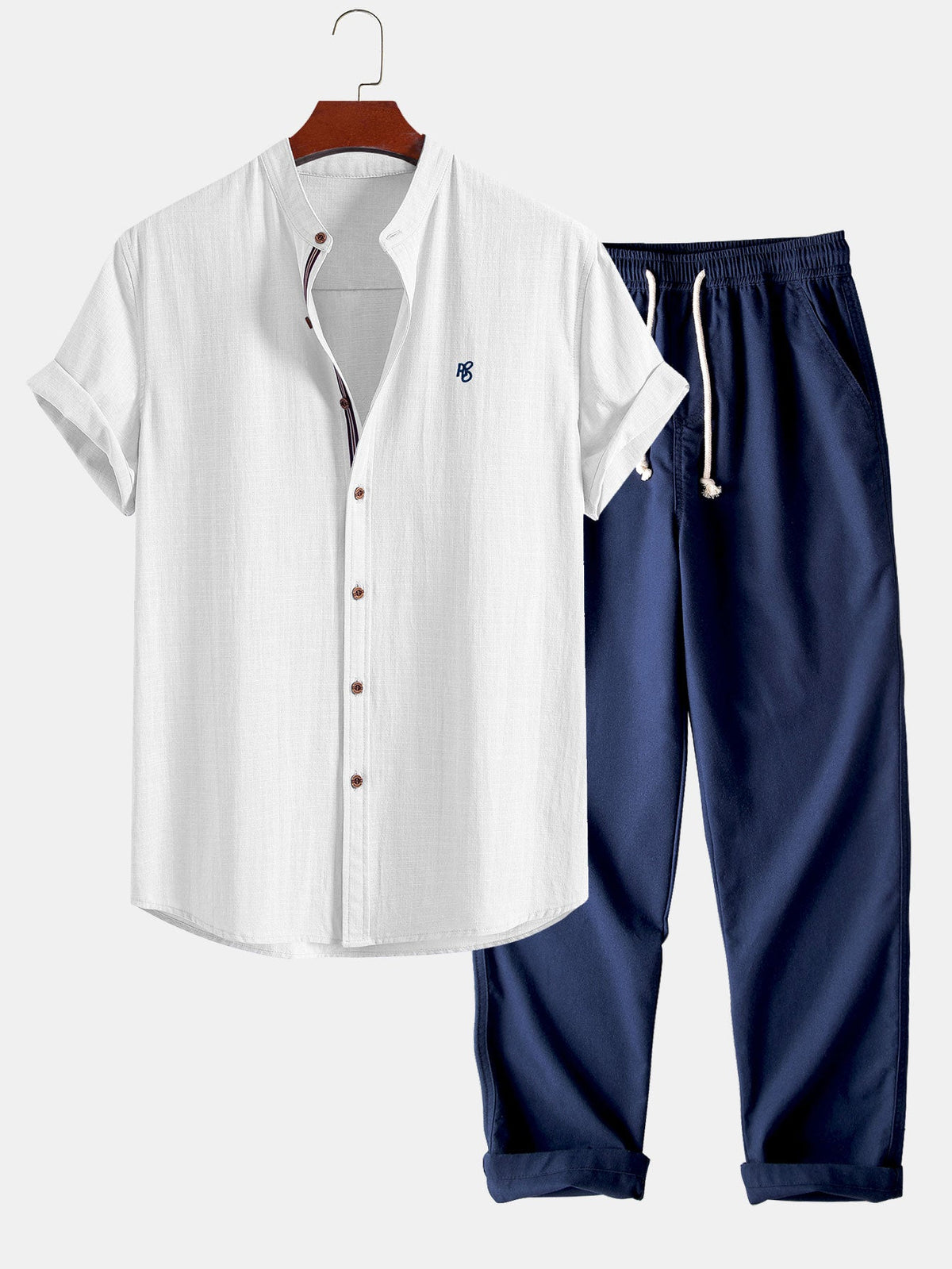Camisa de lino de manga corta con cuello de pie y pantalones de lino de pierna recta
