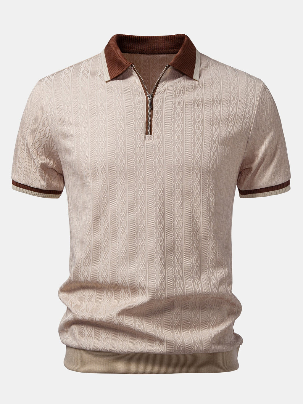 Polo de punto con cremallera y ribete en contraste con textura y pantalones ajustados de corte cónico