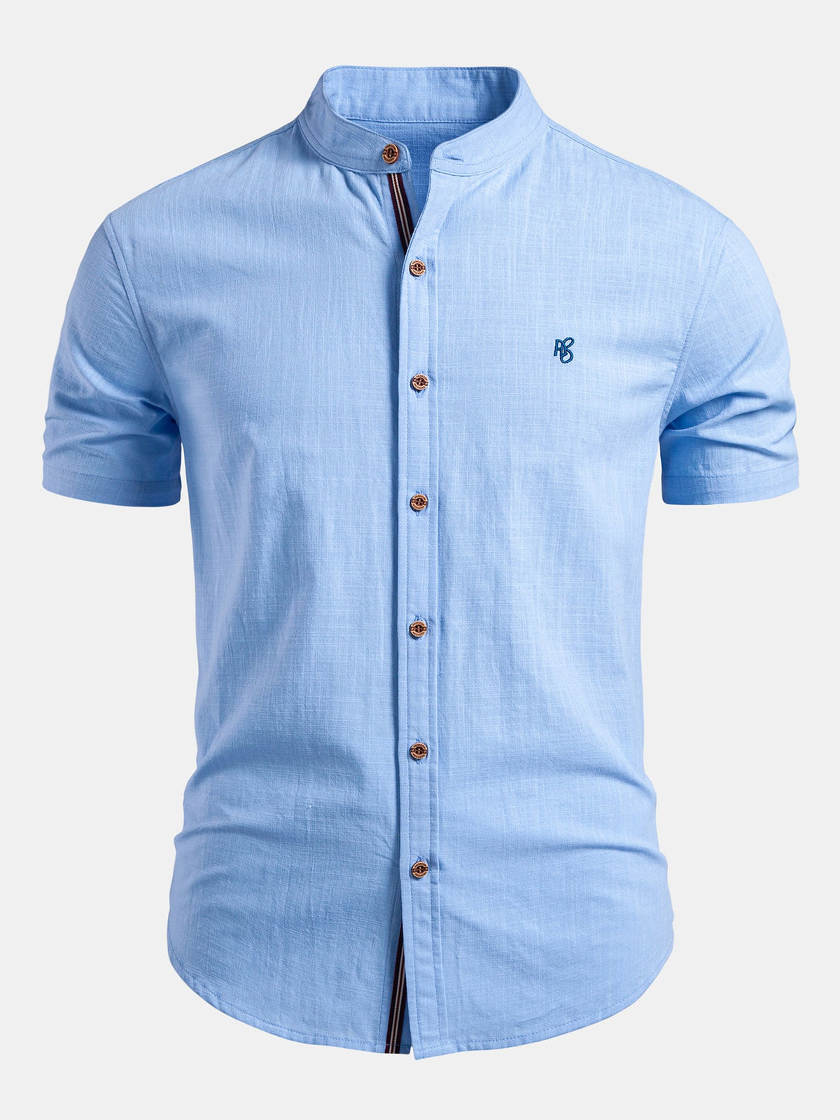 Camisa de lino de manga corta con cuello de pie y pantalones de lino de pierna recta