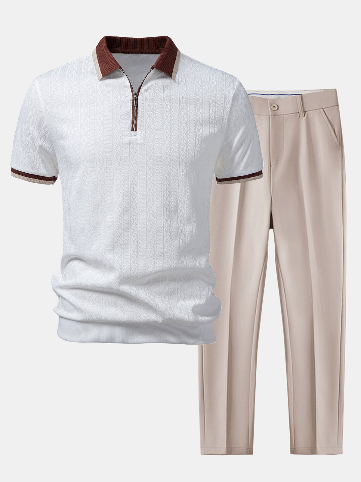 Polo de punto con cremallera y ribete en contraste con textura y pantalones ajustados de corte cónico