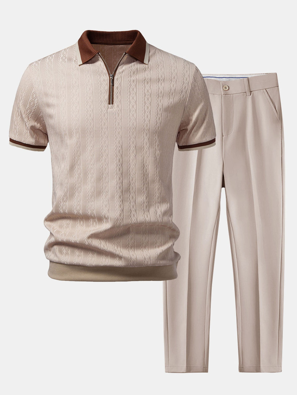 Polo de punto con cremallera y ribete en contraste con textura y pantalones ajustados de corte cónico