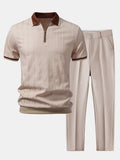 Polo de punto con cremallera y ribete en contraste con textura y pantalones ajustados de corte cónico