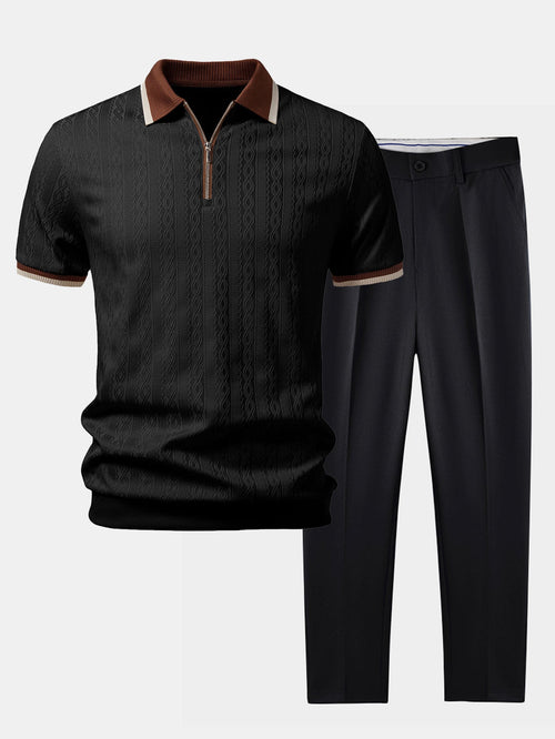 Polo de punto con cremallera y ribete en contraste con textura y pantalones ajustados de corte cónico