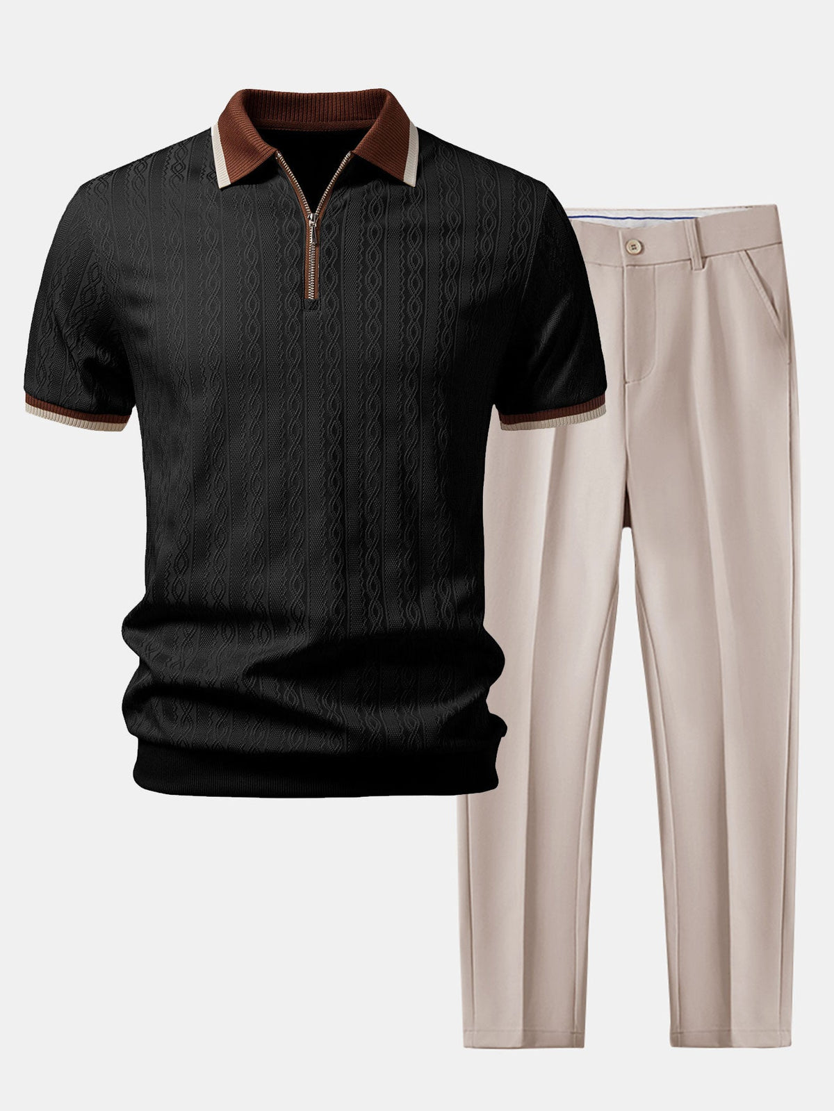 Polo de punto con cremallera y ribete en contraste con textura y pantalones ajustados de corte cónico