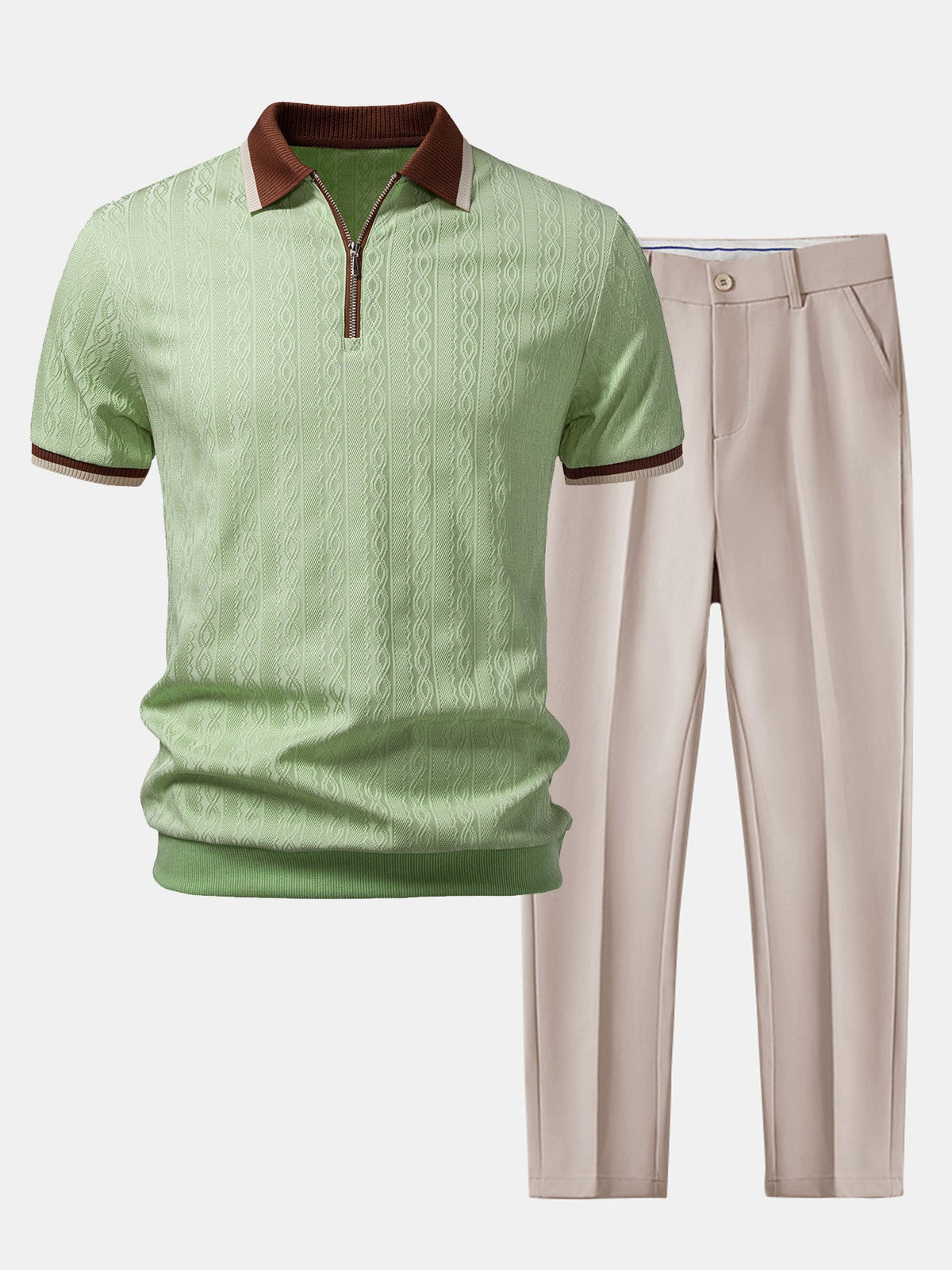 Polo de punto con cremallera y ribete en contraste con textura y pantalones ajustados de corte cónico