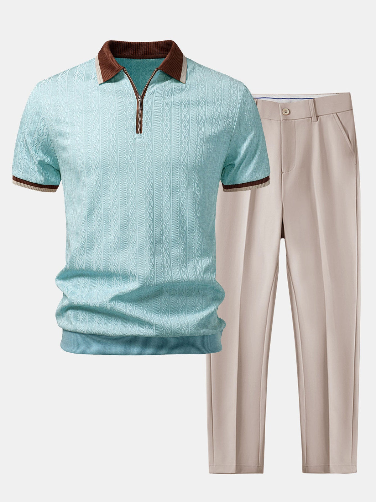 Polo de punto con cremallera y ribete en contraste con textura y pantalones ajustados de corte cónico