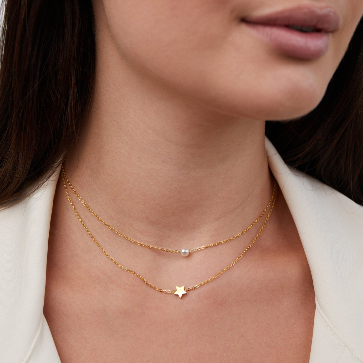 Gold Star & Pearl Layered Necklace