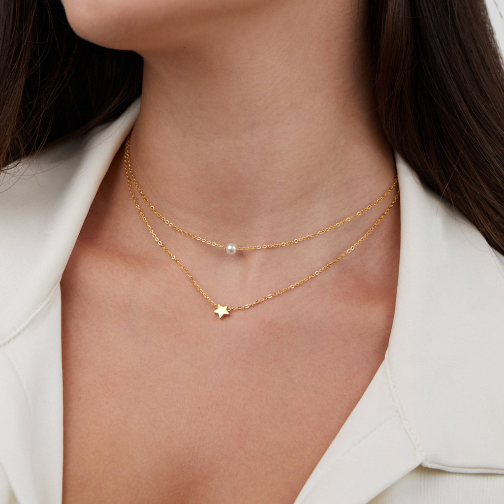 Gold Star & Pearl Layered Necklace