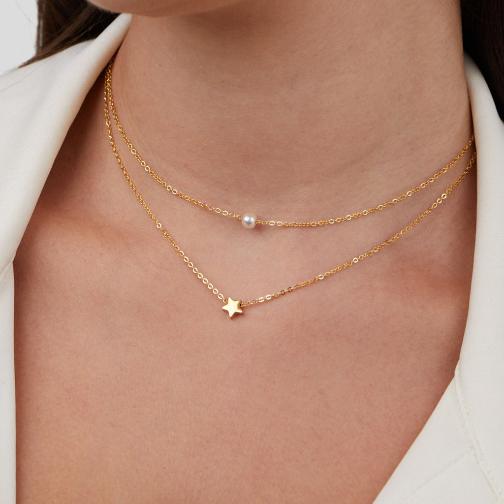 Gold Star & Pearl Layered Necklace